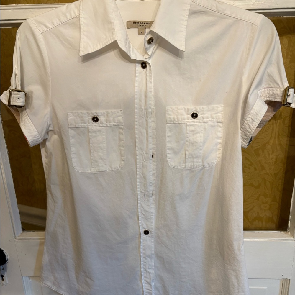Burberry White Short Sleeve Blouse Check Sleeve with Buckle